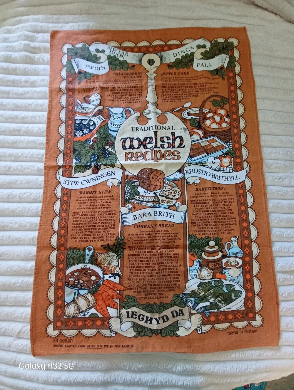 Vintage Traditional Welsh Recipes Cotton Tea Towel Orange Multicolor